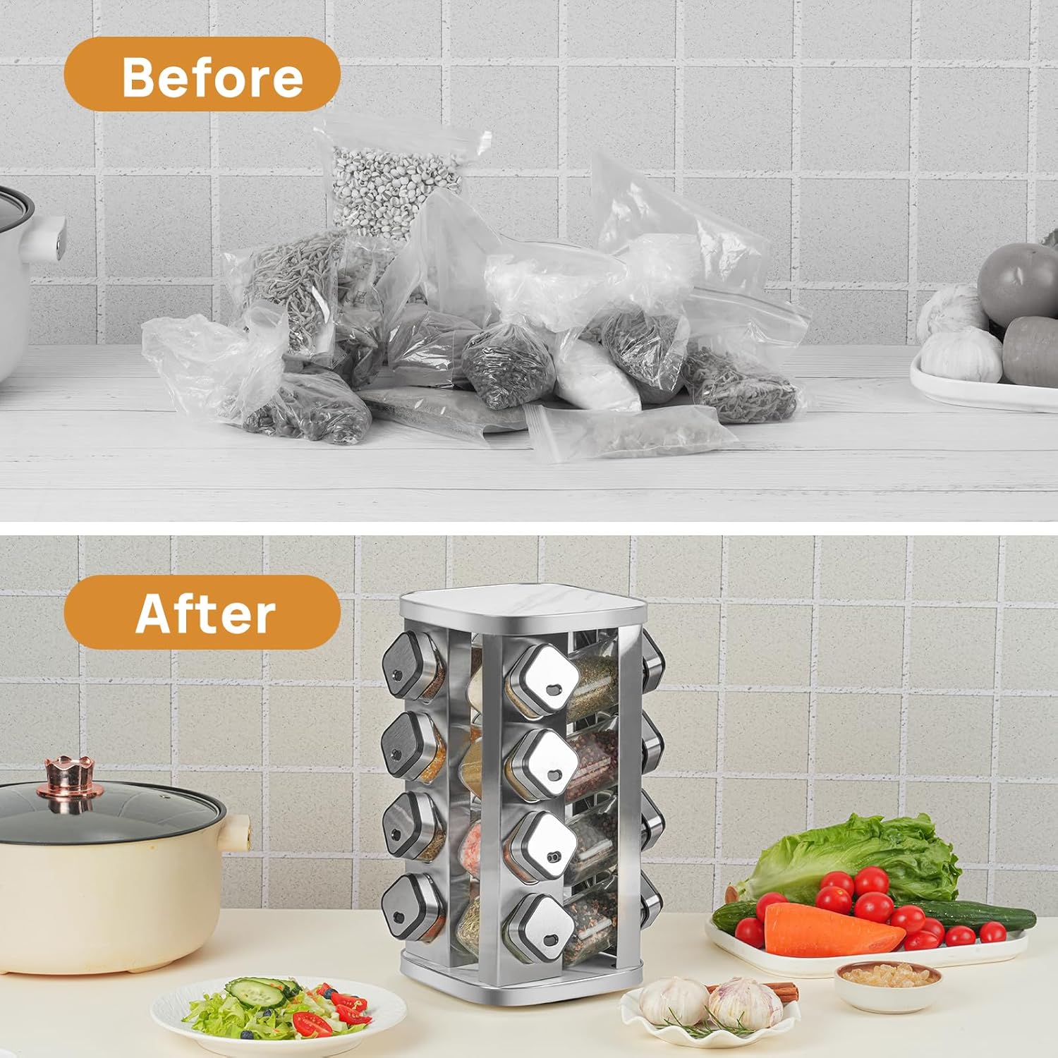 CARLA HOME Rotating Spice Rack Organizer with 20 Glass Jars for Kitchen Countertop