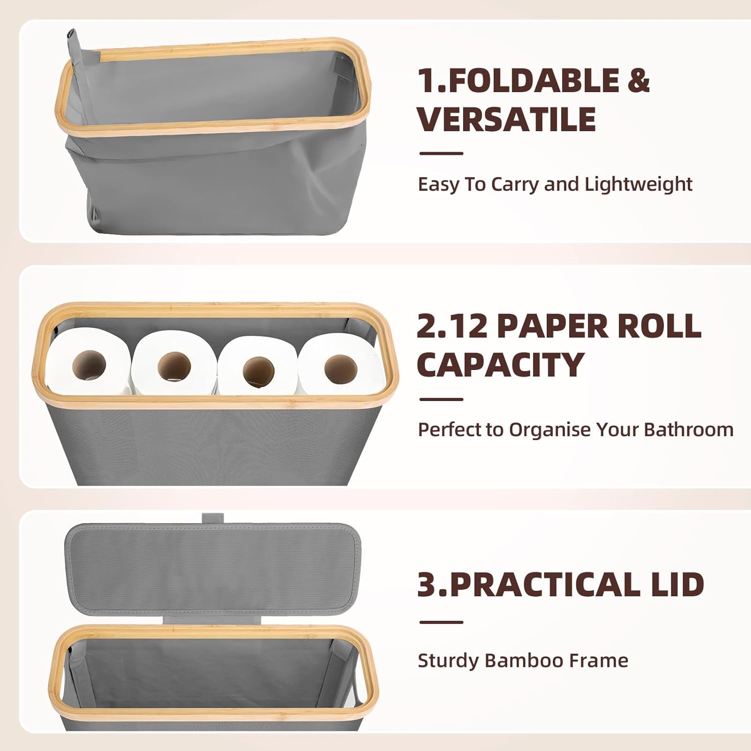 CARLA HOME Toilet Paper Storage Basket Holds Up to 12 Rolls with Bamboo Lid and Handle for RV Closet (Grey)