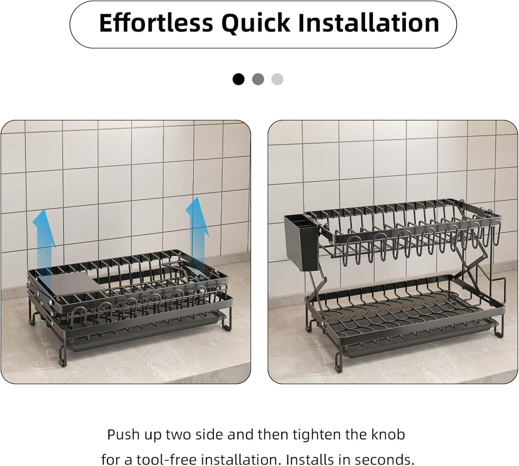 CARLA HOME 2-Tier Dish Drying Rack with Drainage Tray, Utensil Holder, Cup Hooks & Cutting Board Rack for Kitchen (Black)