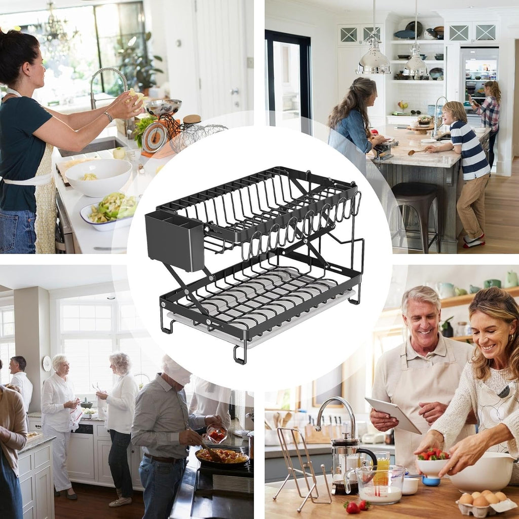 CARLA HOME 2-Tier Dish Drying Rack with Drainage Tray, Utensil Holder, Cup Hooks & Cutting Board Rack for Kitchen (Black)