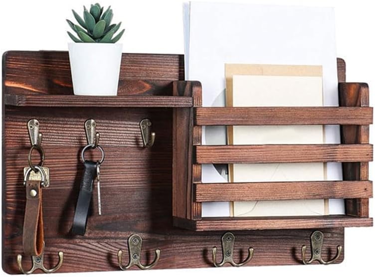 CARLA HOME Rustic Wood Wall Mounted Key and Mail Holder Organizer with Shelf, Letter Slot & 6 Hooks for Entryway Decor Home